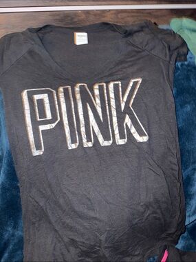 PINK Victoria's Secret Black V-Neck Tee with Metallic Logo